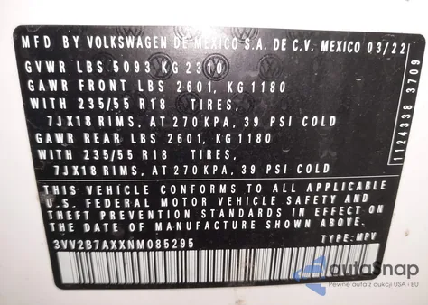 2022 Volkswagen Tiguan 2.0T Se z USA, uszkodzony, nr VIN 3VV2B7AXXNM085295